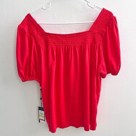 MODAL knit Top Smocked Puff Sleeve Square Neck Top pink Tommy Hilfiger NWT - Picture 7 of 9